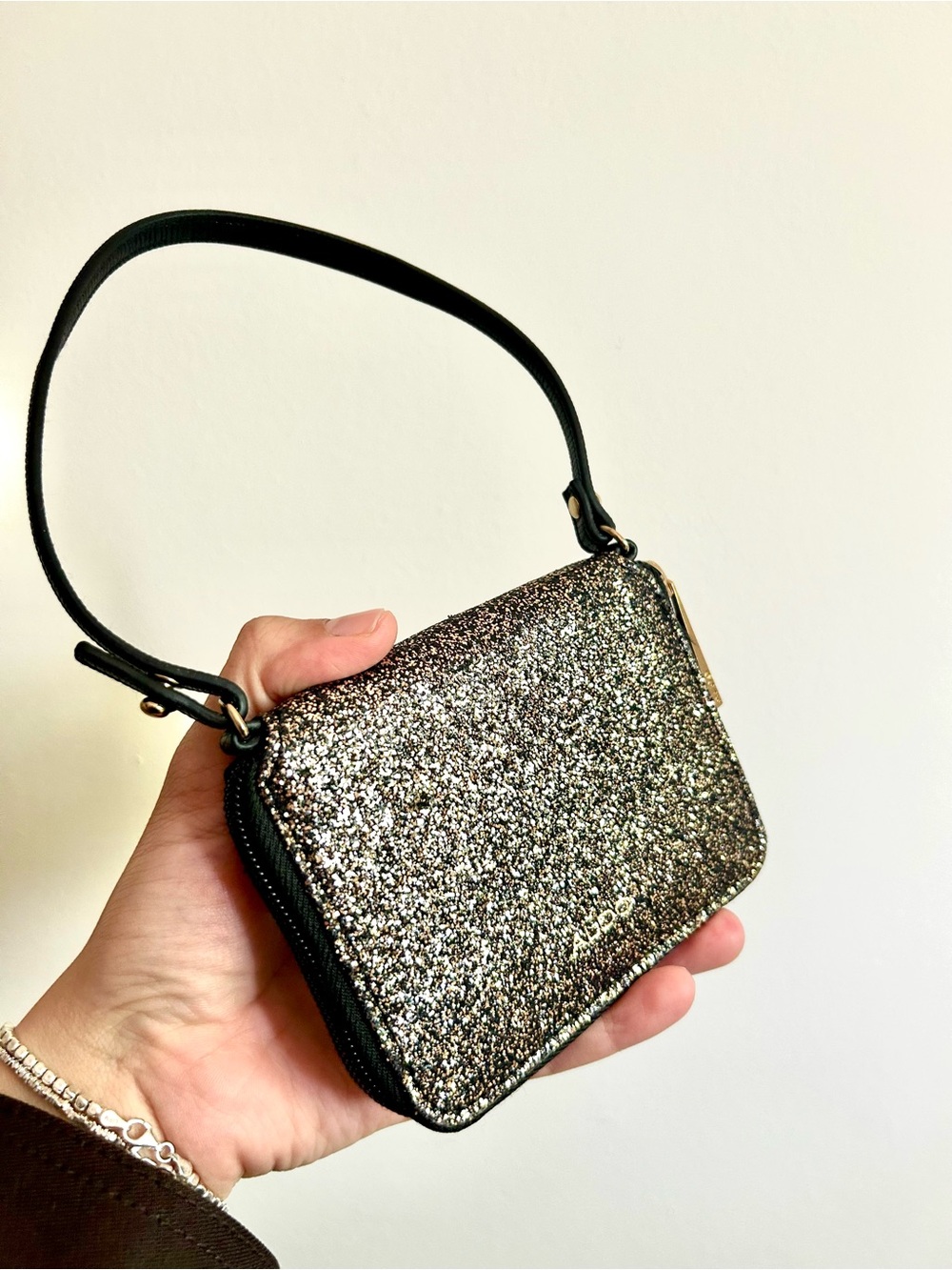 Aldo Glittery Wristlet Wallet - mini - black and gold